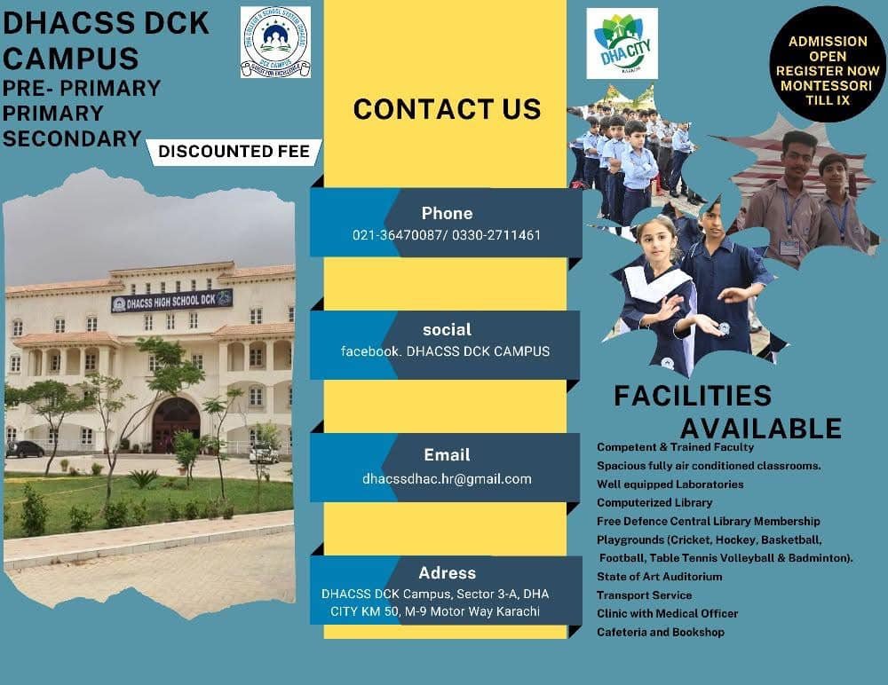 ADMISSIONS OPEN AT DHACSS DHA CITY KARACHI (DCK) CAMPUS