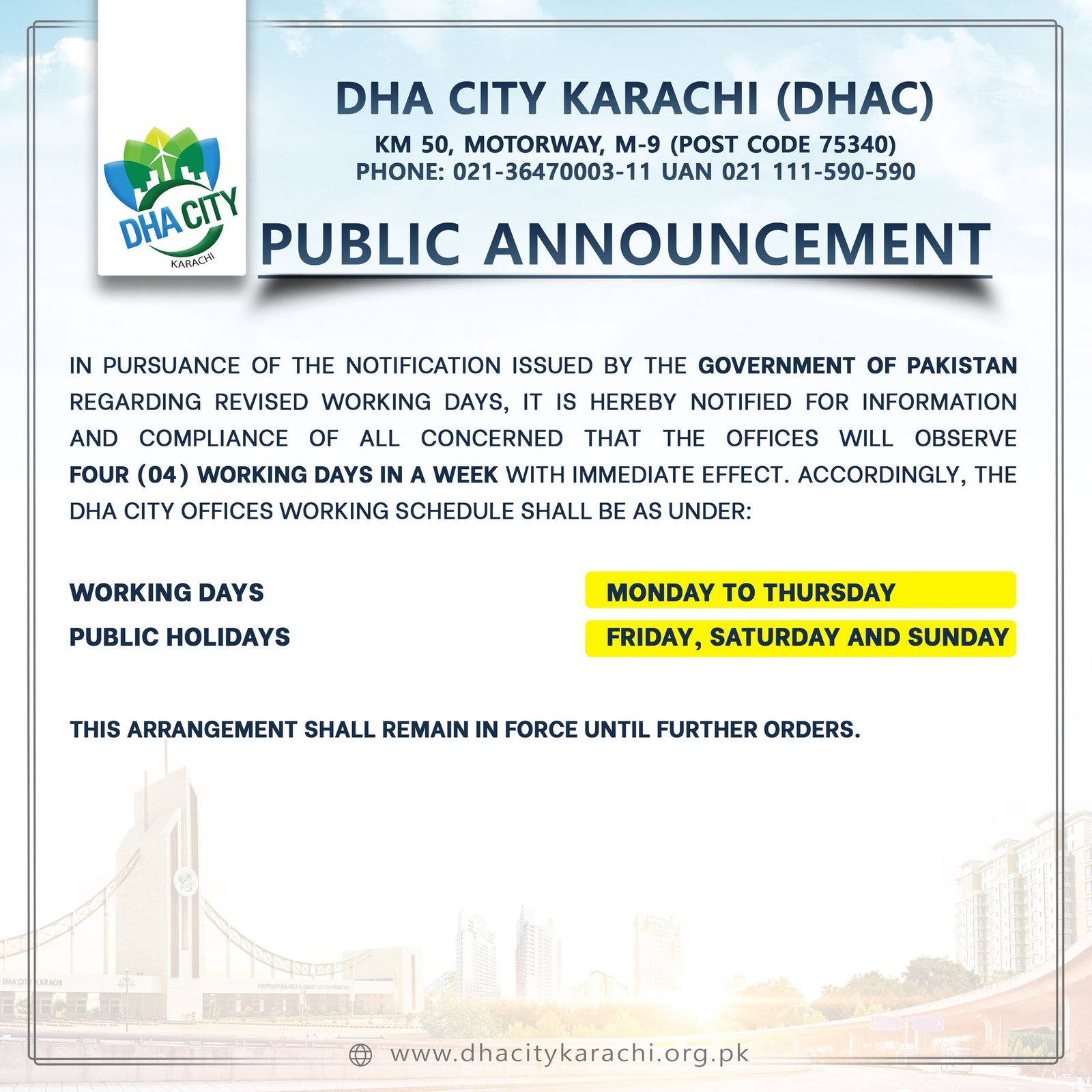 DHA CITY KARACHI HAS ANNOUNCED AN UPDATED OFFICE WORKING SCHEDULE