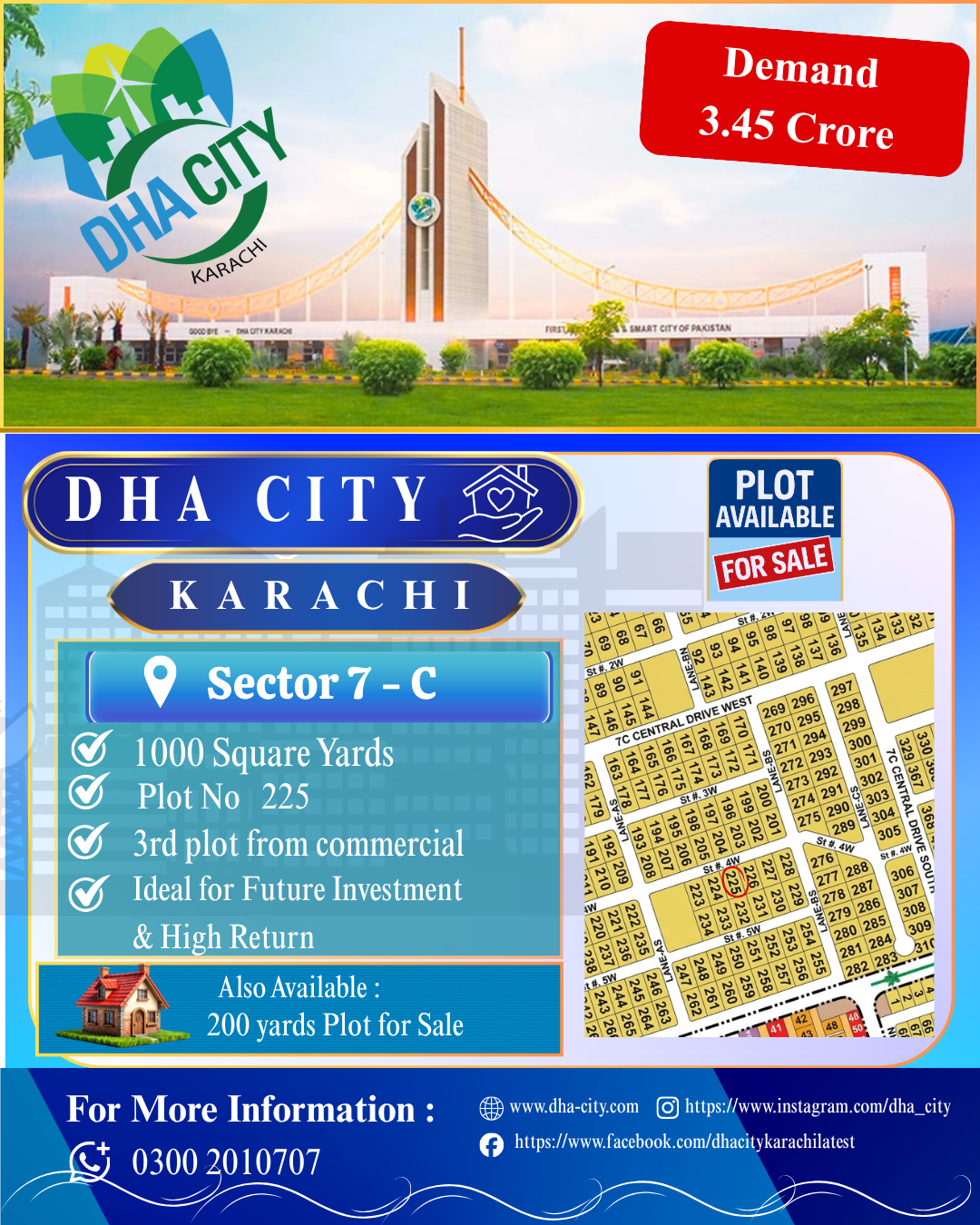 1000 Sq Yards Commercial/Residential Plot for Sale in Sector 7-C, DHA City Karachi
