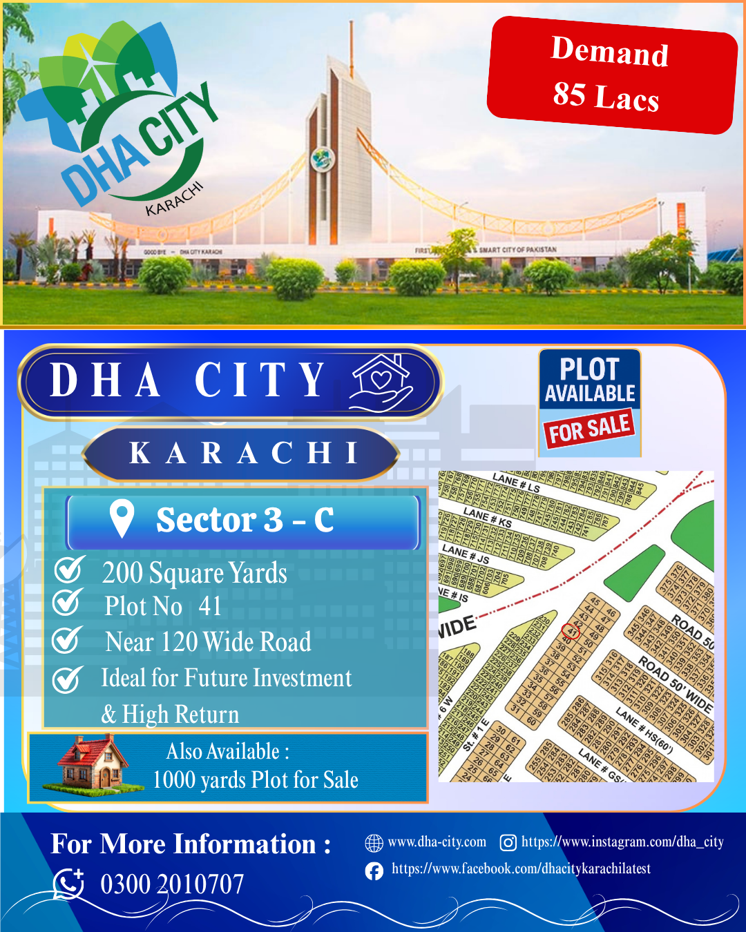 200 Sq Yards Plot for Sale in Sector 3-C, DHA City Karachi – Near 120′ Wide Road