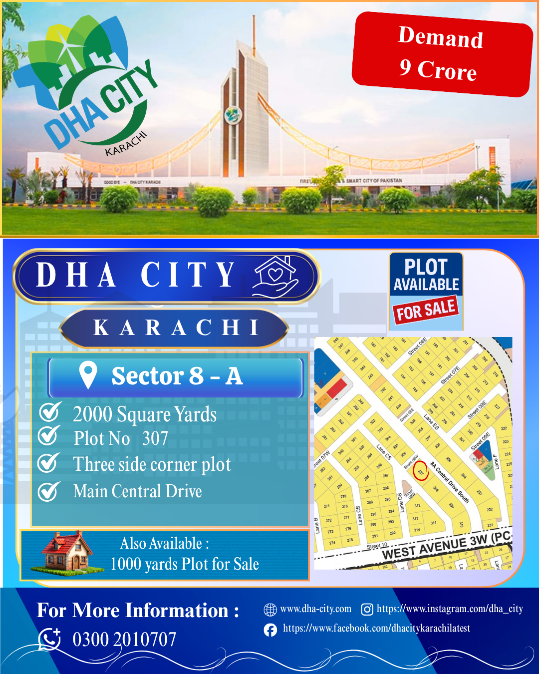 Three-Side Corner 2000 Sq Yards Plot for Sale on Main Central Drive, Sector 8-A, DHA City Karachi