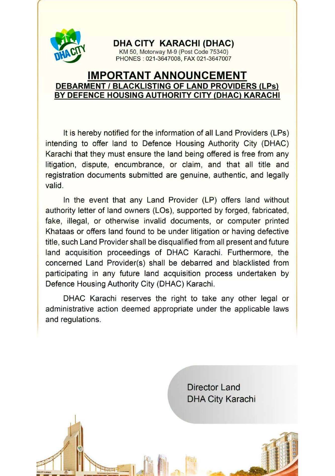 Important Announcement for Land Providers (LPs) – DHA City Karachi Issues Public Notice